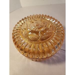 Vintage Marigold Carnival Glass Rose Powder Jar Trinket Box